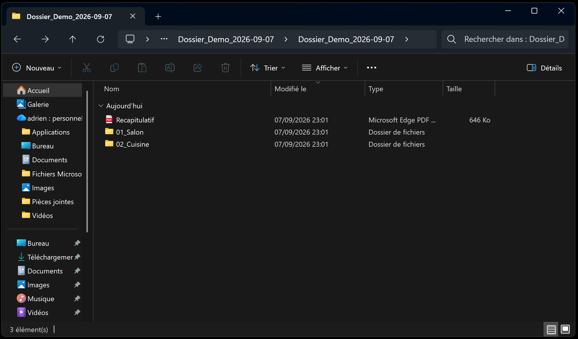 Windows — Dossier_Demo_2026-09-07 : Recapitulatif, 01_Salon, 02_Cuisine
